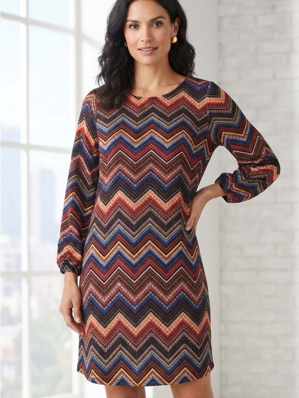 CATO Multi-Color Chevron Print Long Sleeve Dress - Size Medium